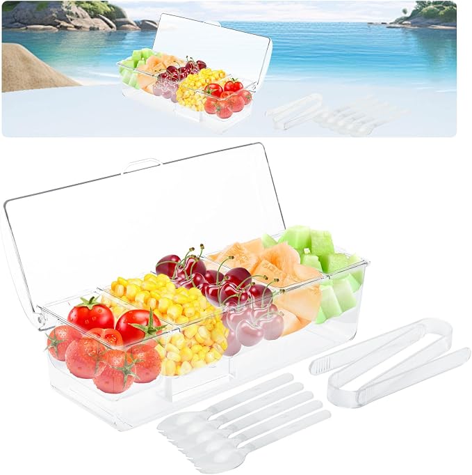 Tefola Ice Chilled Condiment Caddy with Lid, 5 Compartment Condiment Server Condiment Containers with Lids Serving Tray Platter for Bar Accessories, Fruit, Salad, Taco, Party Garnish (1, Clear)
