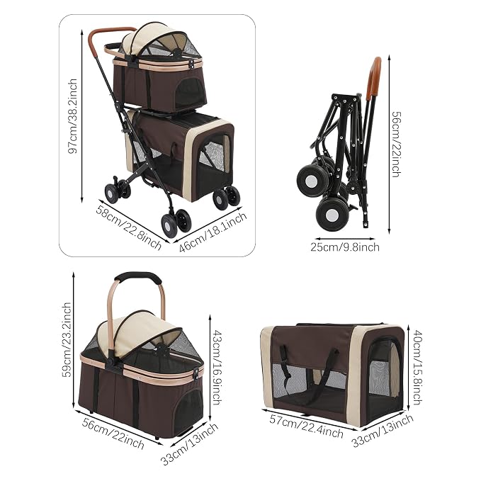 Double Dog Stroller for 2 Small & Medium Pets, Double Pet Stroller with Detachable Carriers, Foldable Dog Stroller for 2 Dogs, Two-Seater Carrier Dog Walk Jogger Travel Pet Carriage Cart (Coffee)