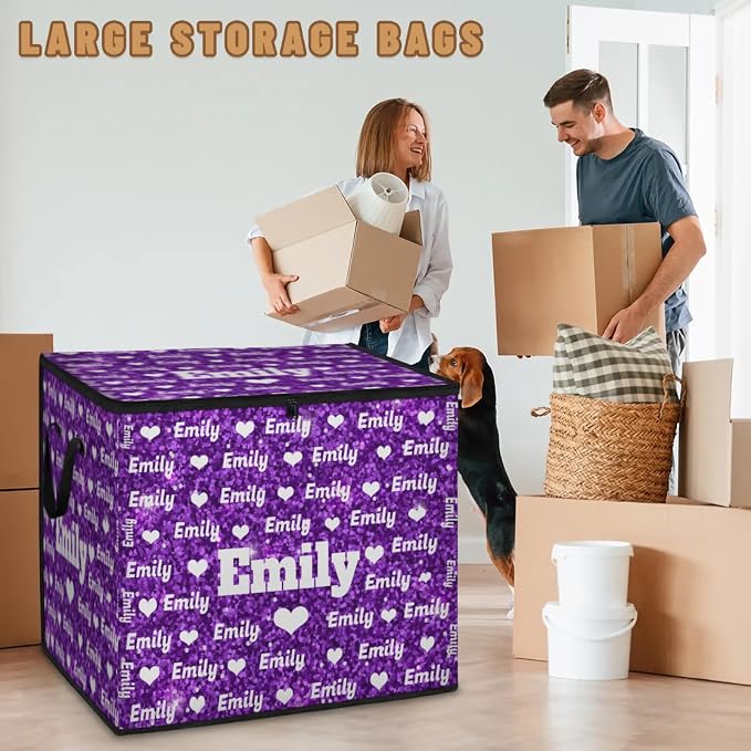 Personalized Extra Storage Bins with Lid, Customized Name Jumbo Storage Basket Rectangle Clothes Organizer for Organizing Kids and Pets Toys Shelf Closet, Love Heart Pattern Purple Sequins