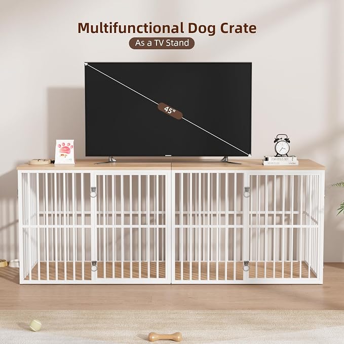 VOWNER 86.7" Double Dog Crate Furniture for 2 Large Dogs, White/Natural | Heavy Duty Wooden Dog Kennel with Removable Divider, XXL Dog Cage TV Stand End Table with 4 Doors, Double Locks for Each Door