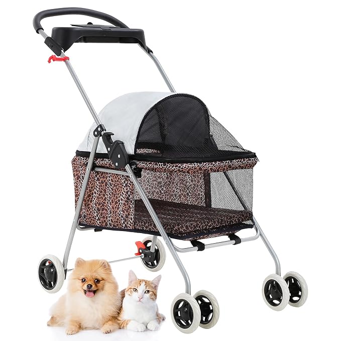 HGS Pet Cat Dog Stroller 4 Wheels Jogger Puppy Travel Carrier Portable Doggie Cage Strolling Cart with Cup Holders, 35Lbs Capacity Folding Waterproof for Medium Dogs Cats Pet, Leopard Skin