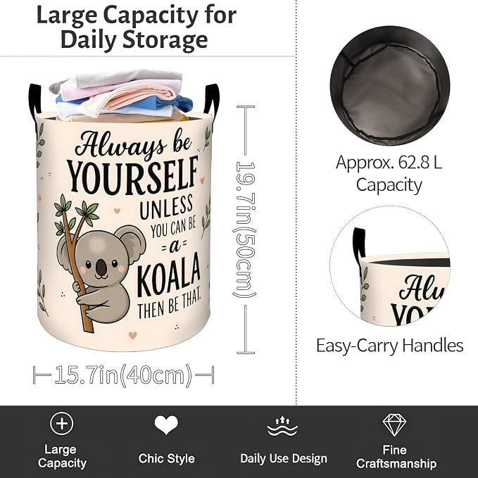 Cartoon Koala Laundry Basket, Inspirational Foldable Oxford Cloth, Waterproof Dirty Clothes Hamper with Handles, Clothing Storage Bin Toy Organizer for Bedroom Dorm Bathroom, 19.7"x15.7"