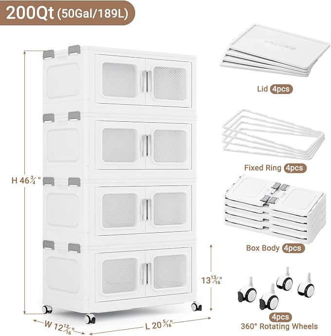 BROVIEW 200 Qt Extra Large Stackable Storage Bin with Lids, 4 Pack White | 50Gal Extra Large, Collapsible Storage Boxes with 4 Lids, Folding& Rolling Plastic Drawer, Heavy-Duty Cabinet Organization