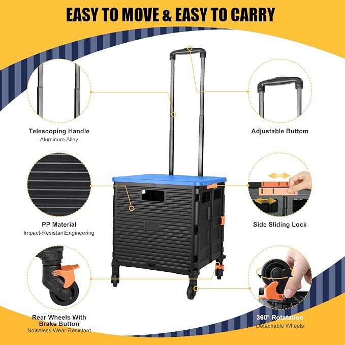 Foldable Utility Cart Collapsible Crate Rolling Carts Handcart Trolley Tool Box Basket 4 360°Noiseless Wheels Lid Telescoping Handle for Shop Grocery Luggage Move Office School Teacher (Blue)