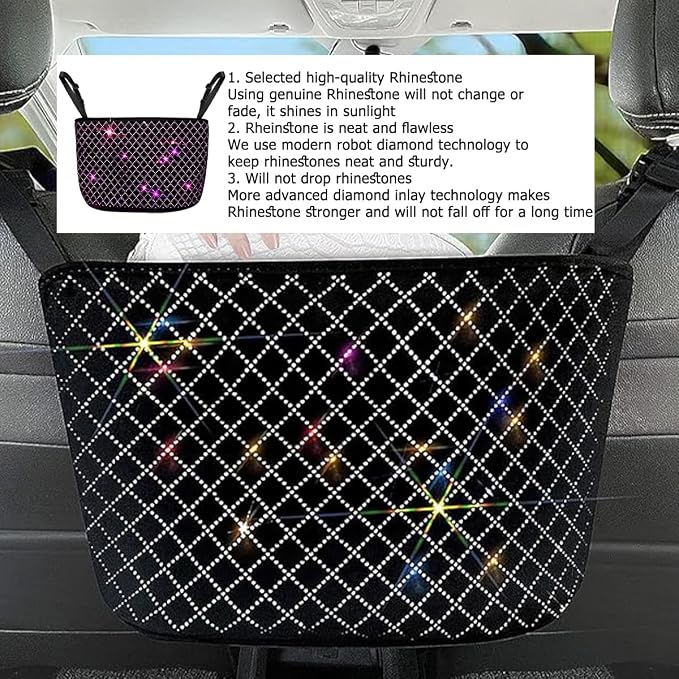 zipelo Bling Car Net Pocket Handbag Holder, Rhinestone Vehicle Backseat Purse Organizer Between Seats, Diamond Hanging Storage Bag Barrier of Pet Kids, Universal Automotive Accessories (Pink)