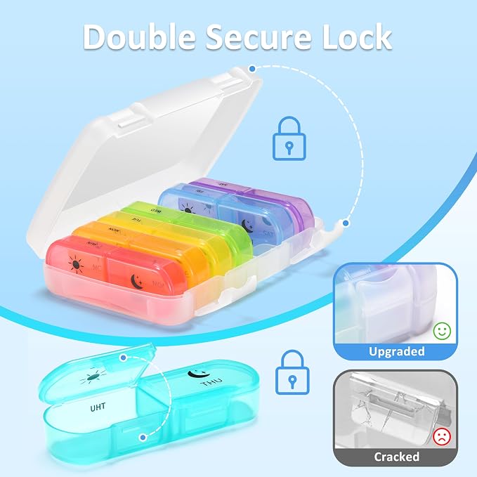 Fullicon Large Portable Pill Organizer 2 Times a Day, Clear Rainbow | Each Compartment Holds 10 Fish Oils or 16 Vitamins, Lid Stays Open Reliably, Double Secure Lock, Durable Hinges, Fits Purse