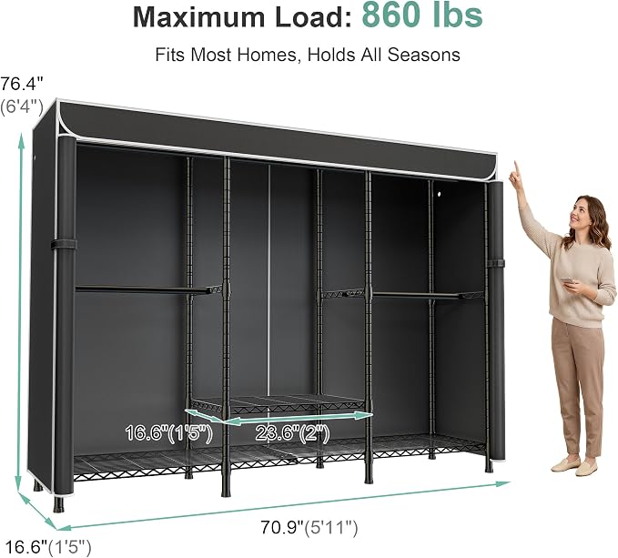SEMHOR K01C Heavy Duty Clothes Rack with Cover Black, Max Load 860LBS | Freestanding Portable Closet System with Shelves, Adjustable Carbon Steel Garment Rack, Clothing Racks for Hanging Clothes