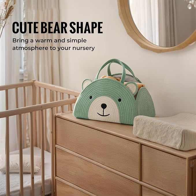 Lmbabter Baby Diaper Caddy Cotton Rope Diaper Organizer Basket Rainbow Theme Nursery Storage Bin Daypack Car Travel (Khaki Bear)