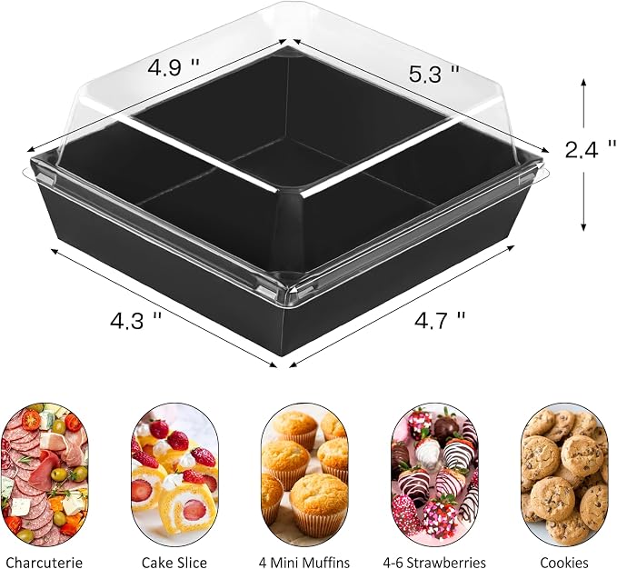 ZORRITA 50 Pack 5 Inch Paper Charcuterie Boxes with Clear Lids, Black | Small, Square, To Go Food Containers, Bakery Boxes, For Mini Cake, Desserts, Cookies, Sandwiches, Strawberries