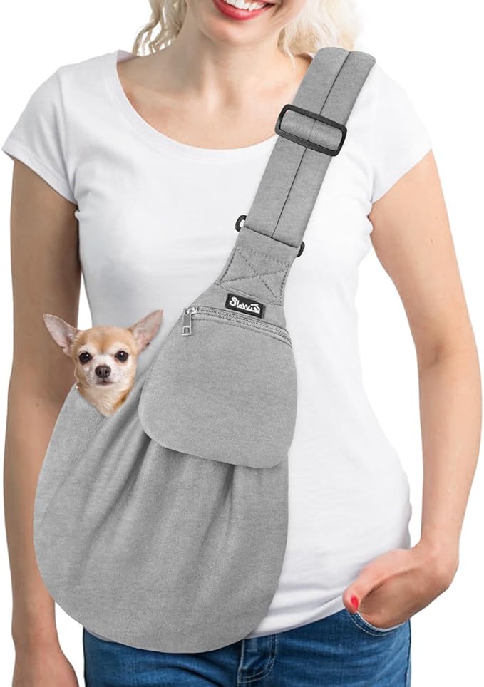 Lukovee Pet Sling, Puppy Small Pet Cat Carrier with Safety Hook | Hands-Free,Padded Strap, Breathable, Adjustable, Storage Pocket, Tote Bag Shoulder Bag with Front Pocket (Grey-WY,S)