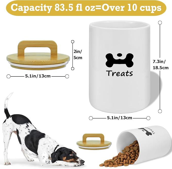 Dog Treat Container Airtight - 5 Inch Wide x 8.7 Inch White Ceramic Dog Treat Jar for Kitchen Counter, Doggie Cookie Jar with Airtight Bamboo Lid - Farmhouse Style Dog Food Storage Container