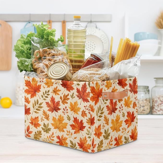 Leaf Fall Basket Storage Bins Rectangle Canvas Basket Cube Storage Box | Nursery Foldable Basket with Handle for Kids Girls Boys Toys Living Room Closet Organizer Shelf Gifts Autumn Fall
