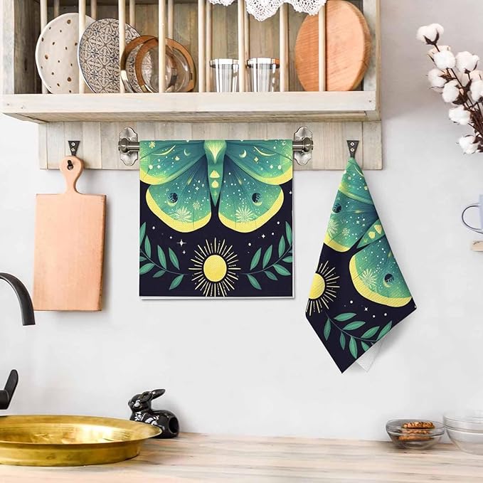 Green Moon Moth Kitchen Towels Set of 2 Mystical Magical Astrology Butterfly Boho Celestial Dish Towels Absorbent Soft Hand Tea Bar Towels for Farmhouse Home Decor 16"X24"