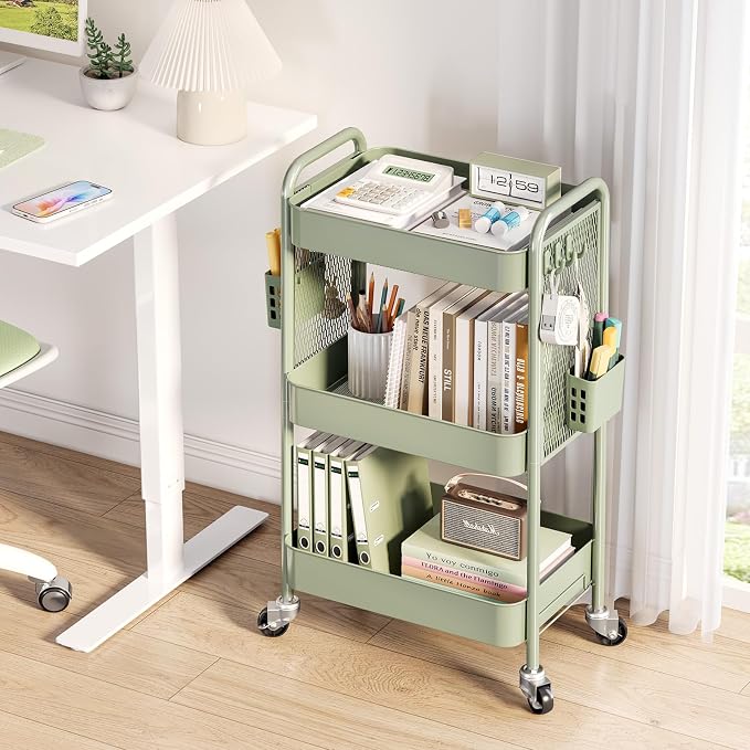 TOOLF 3 Tier Rolling Cart, Metal Utility Storage Cart with Pegboard, Green | 2 Bins & 4 Hooks, Screwless Assembly, Lockable Wheels, Trolley Organizer for Bathroom, Kitchen, Office, Dorm, Craft Room