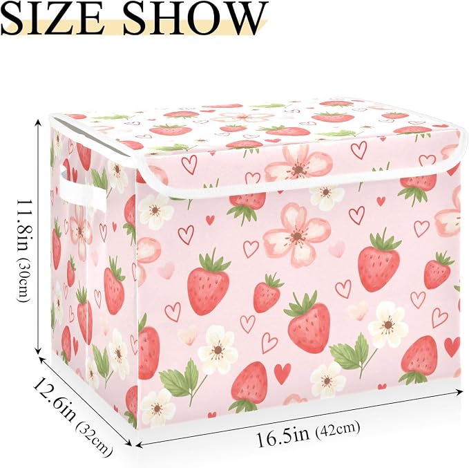 Strawberry Fabric Storage Bins with Lid Foldable Storage Boxes 40L Baskets | Decorative Storage Boxes, Foldable & Stackable, Dust-Proof Flip Top, Reinforced Handles, For Home & Dorm, Clothes & Toy Box