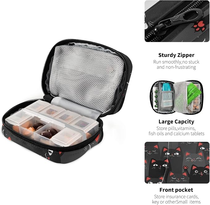 Black and Grey Cats Pill Box 7 Day Pill Case Travel Pill Organizer Bag with Zipper Portable Weekly Case Compact Size for Vitamin Supplement Holder