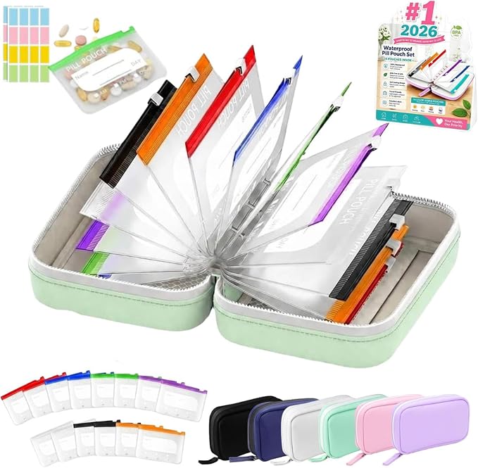 A8 Weekly Waterproof Pill Pouch Set, Reusable Weekly Pill Organizer with 14 Coded AM PM Pouches, Compact Portable Vitamin Supplement Storage Case for Travel Purse Daily Use