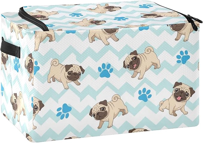 Cute Pets Pugs White pattern Under Bed Storage Containers with Double Zipper Openings, Foldable Clothes Storage Bins with Clear Window and Handles for Comforters Blankets Bedding