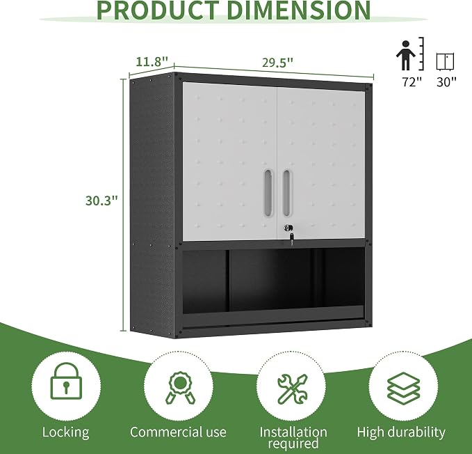 Garage Wall Cabinet with 2 Locking Doors Metal Storage Cabinet | Wall Mounted Steel Tool Cabinet with Doors and Shelf Hanging Cabinets for Garage Warehouse Bathroom Kitchen,Assembly Required