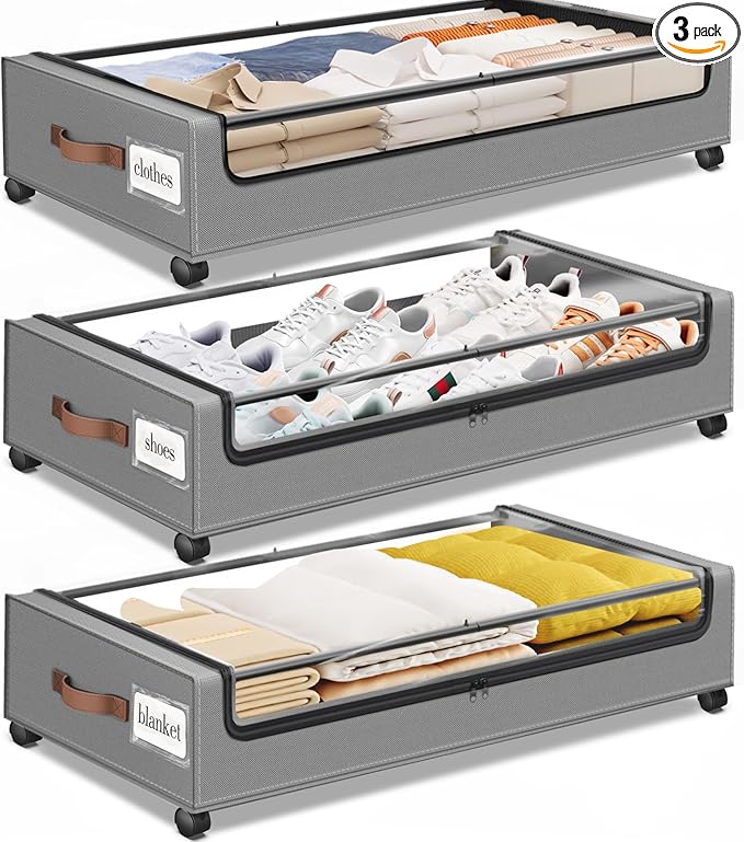 Under Bed Storage with Wheels 3Pack Storage Containers with Clear Window | Under Bed Drawers Rolling Under Bed Storage for Clothes,Shoes, Blankets (30.71 x 16.93 x 6.69 in, Light Grey)