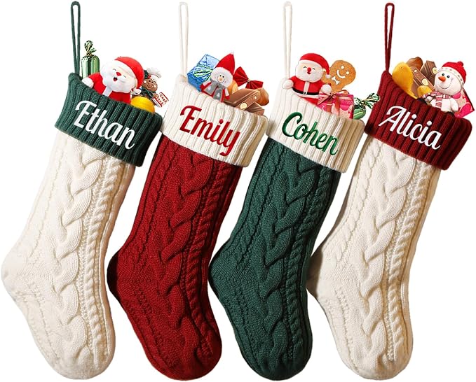 Personalized Christmas Stockings, 18" Large Custom Knit Christmas Stockings with Embroidery Name, Color-Contrast Twisted Stocking for Xmas Holiday Decoration(4 Pcs)