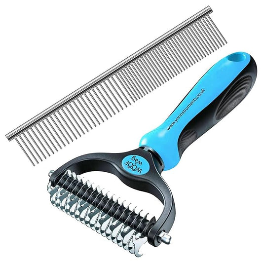 YNR Deshedding Dog Brush for Long Haired Dogs, Cats & Pets – Dual-Sided Undercoat Rake for Dematting, Detangling & Matted Fur, Stainless Steel Pet Grooming Comb with Anti-Slip Handle
