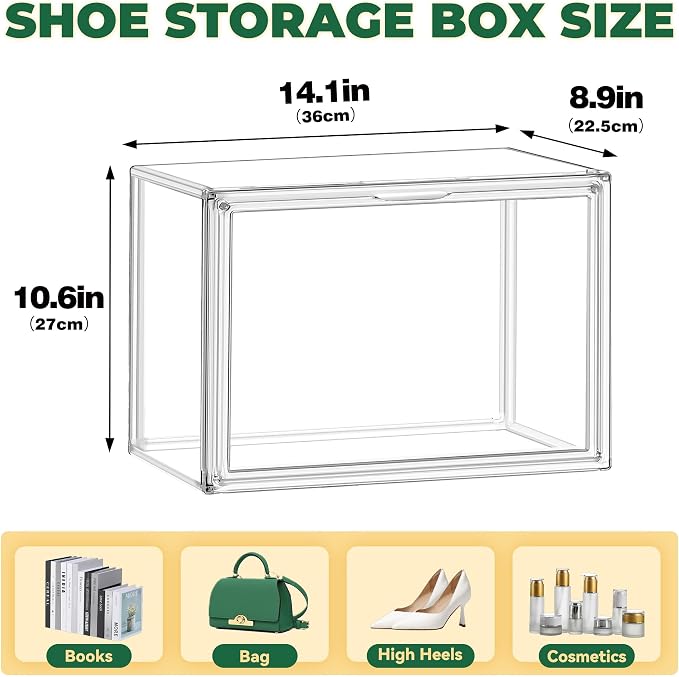 10 Pack Acrylic X-Large Sneaker Shoe Storage Size 14, Wide Magnetic Door | Acrylic Display Case Shoe Boxes Clear Plastic Stackable Bins Boot Handbag Organizer Shoe Cabinet with Magnetic Lids