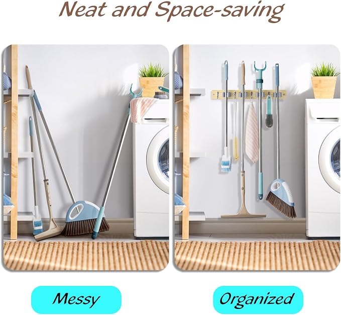 OUTNILI Mop and Broom Holder Wall Mount - Light Wood Broom Mop Hanger - Wall Mounted Garden Tool Rack Organizer for Closet Garage Laundry Room Kitchen With 4 Slots & 4 Hooks