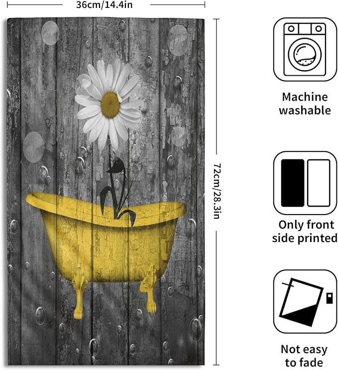 Giwawa Rustic Daisy Wooden Towels Set of 2- Bright Yellow Flower Shower in Bathtub Bubble on Vintage Country Barn Board- Farmhouse Plank Hand Face Fingertip Towel for Bathroom Guest Decor