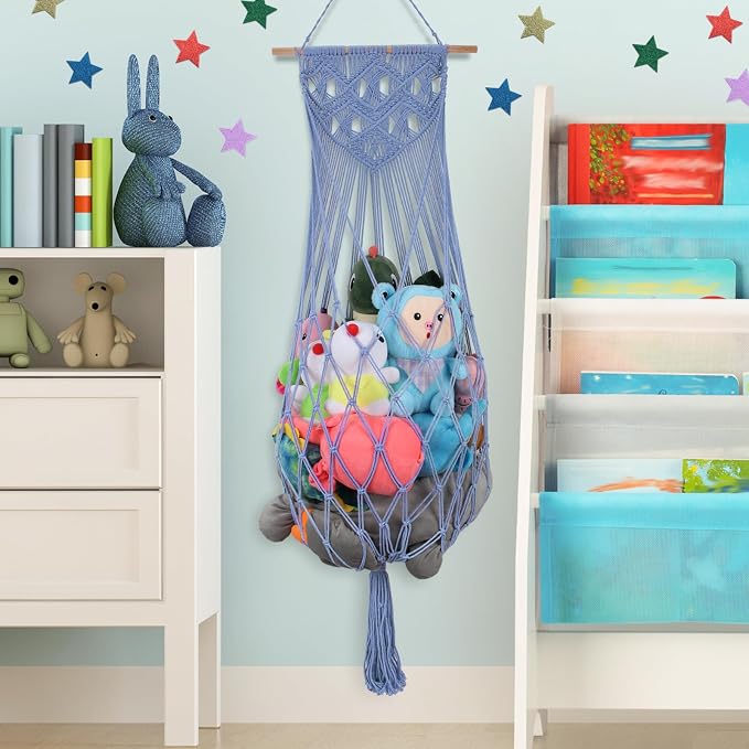 63 Inch Stuffed Animal Storage Hammock Corner, Stuffy Plushie Net,Blue | Wall Ceiling Over Door Hanging Toy Hammock for Stuffed Animals,Plushies Organizer w/ Star Lights,Nursery Kid Room Decor Gift