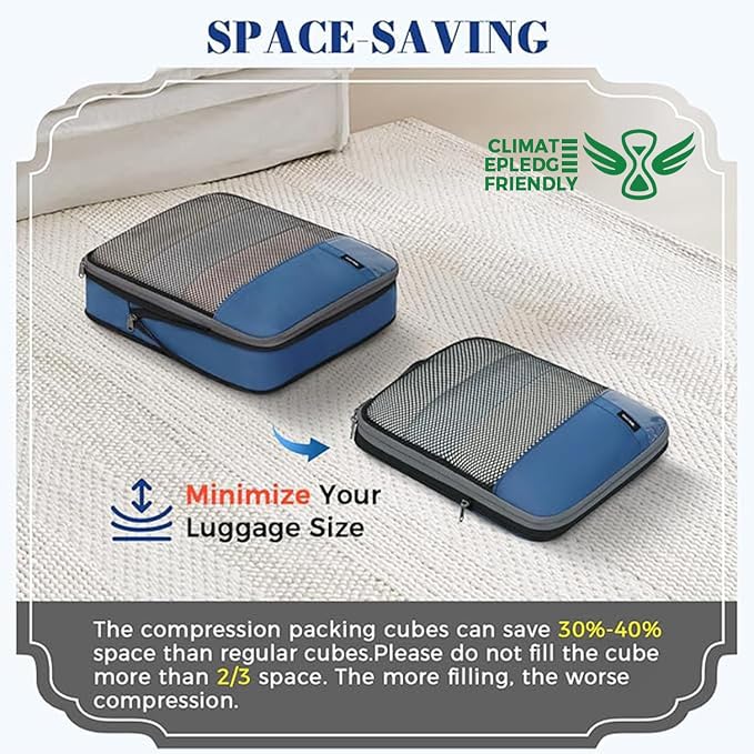 BAGAIL 4 Set/6 Set/8 Set Compression Packing Cubes Travel Accessories Expandable Packing Organizers(HalfMesh,8-Navy)