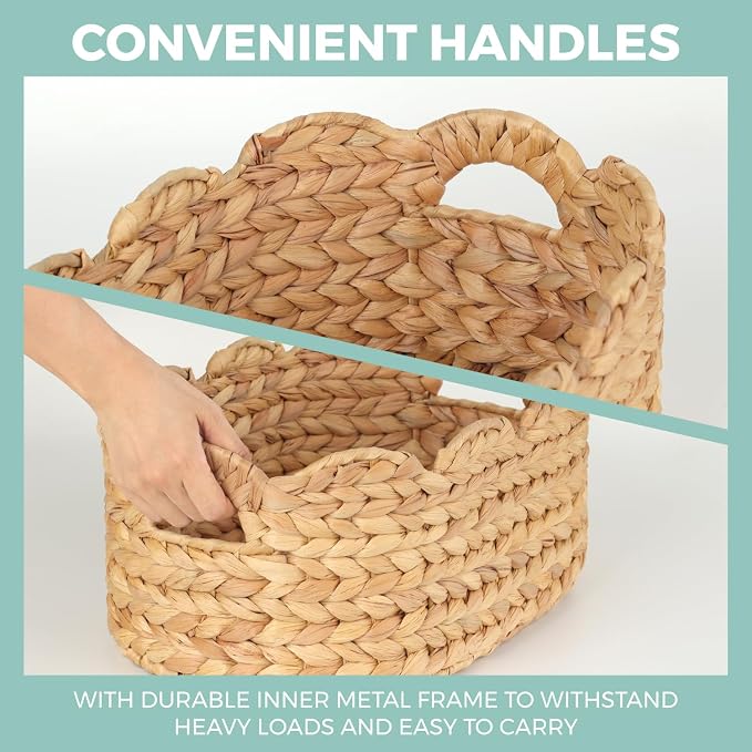 Scalloped Baskets (Natural-Set of 2), Storage Basket, Water Hyacinth Basket for Organizing and Decor, Hand-Woven Hyacinth Baskets with Built-In Handles for Living Room, Bedroom, Laundry, Pet toy,Food.