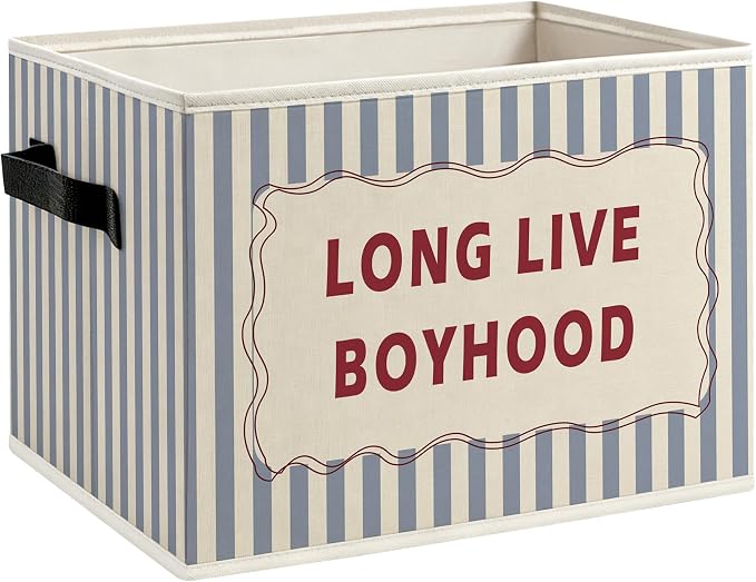 Retro Boy Nursery Foldable Storage Bins Box with Handles, Long Live Boyhood Blue Striped Decorative Storage Boxes Baskets Toybox Organizer for Kids Boy Nursery Room Bedroom Playroom