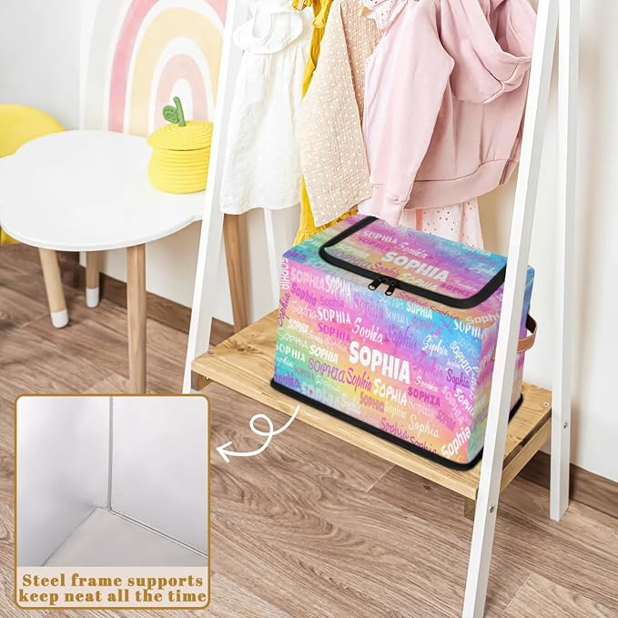 Personalized Storage Basket with Name, Rectangle Toys Storage Bin with Handles Zipper Lid for Baby, Boys, Girls, Collapsible Basket for Clothes, Books, Watercolor Colorful Pink