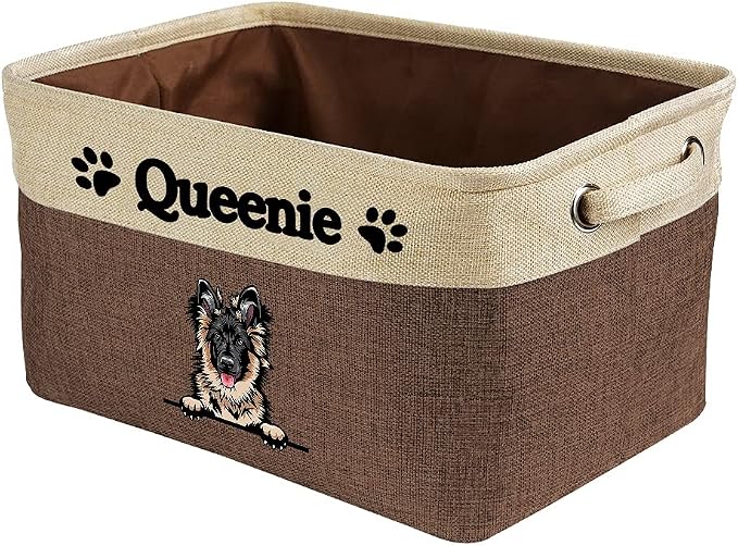 Personalized Fabric Dog Toy Storage Basket with Funny Dog German Shepherd Collapsible Sturdy Fabric Pet Toys Storage Bin Cube with Handles for Organizing, Brown and White