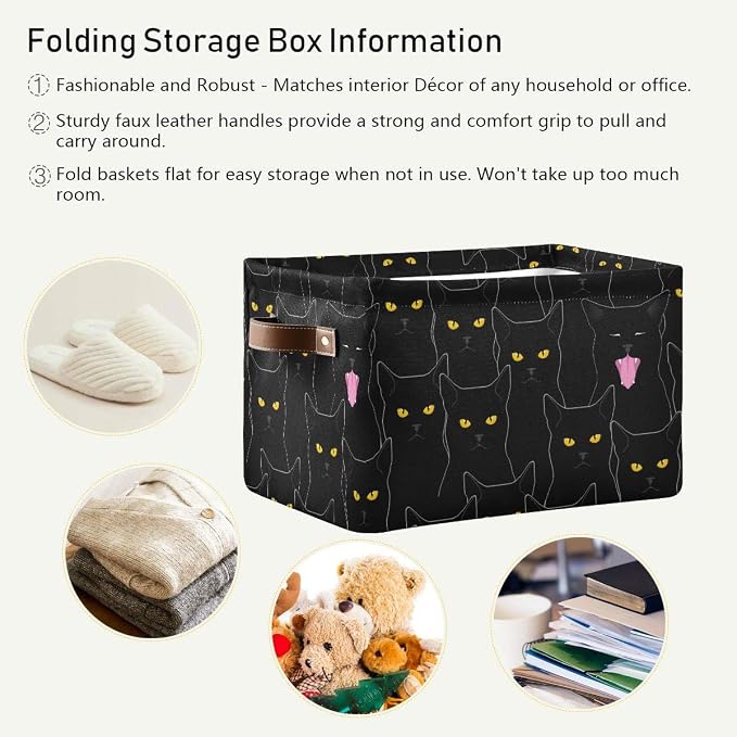 Rectangular Storage Bin Cute Black Cats Basket with Handles - Organizer Bin for Toys, Books, Laundry Basket for Kids/Pets, Playroom