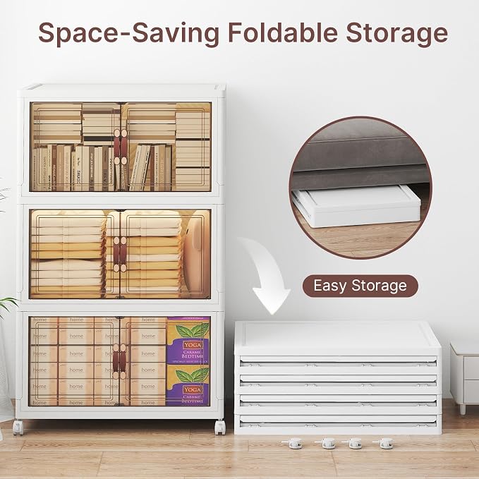 Stackable Storage Bins with Lids, 360QT Lockable Storage Cabinet | Folding Storage Box with Doors and Wheels, Collapsible Plastic Drawers for Home, Garage, Office