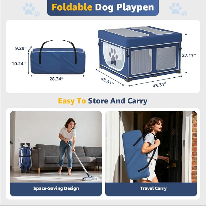 LOOBANI Foldable Dog Playpen with Cover, 1 Min Setup, 43.3"x43.3"x27.1" | Blue Pet Puppy Playpen Indoor, Sturdy Reinforced Steel/Iron Frame, Portable Whelping Box For Home Dog Cat Rabbit, Patented