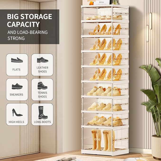 CIMLORD 9-Tier Foldable Shoe Rack, Magnetic Clear Doors, 18 Pairs, White | Collapsible Narrow Plastic Shoe Cabinet, Stackable, Lidded, Tool-Free Assembly, Fits Boots & Sneakers, Closet & Entryway