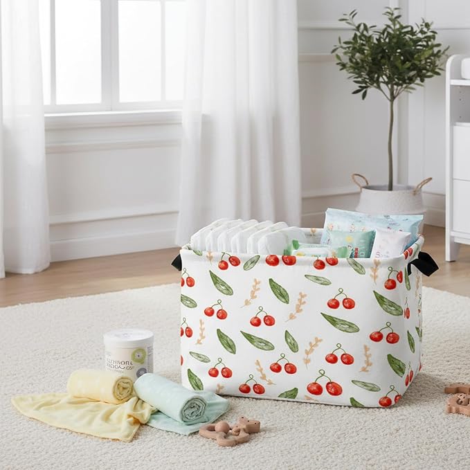 Kid Cute Rectangle Storage Basket Baby Toy Clothes Storage Bin Nursery Playroom Bedroom Decor Basket (Painted Cherry)