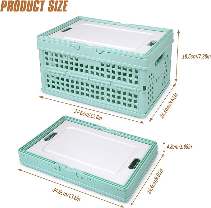 Collapsible Storage Crate, Foldable Plastic Basket with Lid and Handle, Foldable Storage Box Crate Bin for Home Kitchen Office Bathroom Bedroom Pantry (Blue-Hollow)