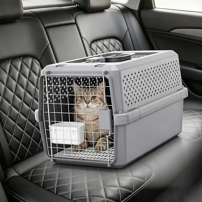 Hard-Sided Pet Carrier: Portable Travel Crate for Medium Pets | Secure Metal Locking Door / 360° Ventilation Panels / Spacious for Medium Pets / Top Carry Handle / Lightweight Durable Shell