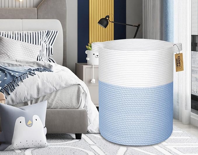 COMFY-HOMI XXL Large Laundry Basket with Handles Blanket Baskets Living Room|Woven Cotton Rope Decorative Basket Laundry Hamper Baby Basket Nursery Dog Toy Storage Organizer Bin-16”x18”-White/Blue
