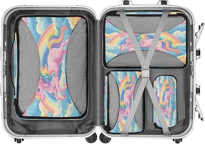 4 Set Packing Cubes for Travel, Rainbow Unicorn Packing Cubes for Women, Travel Luggage Packing Organizers, Packing Cube Set, Unicorn Cartoon
