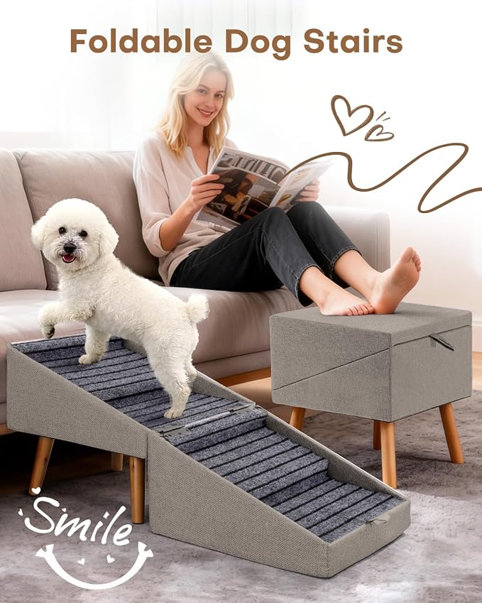 Dog Ramp for Bed & Couch, Dog Stairs 21.06 inches High for Large/Medium/Small Doggie,Split Ottoman Foldable 2 in 1 Wooden Pet Steps for Older and Injured Dogs, No-Slip Surface (17.13" H-Hemp Green)