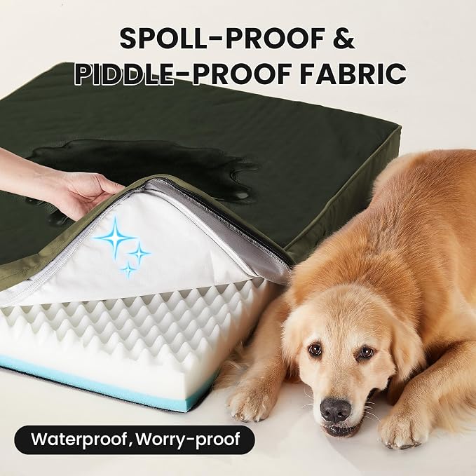 OhGeni Orthopedic Waterproof Large Dog Bed, Memory Foam, 41 inch(Green) | Machine-Washable Removable Cover in Easy-Clean Fabric, Reversible Memory Foam & Easy-Carry Handle, Suitable for Crate