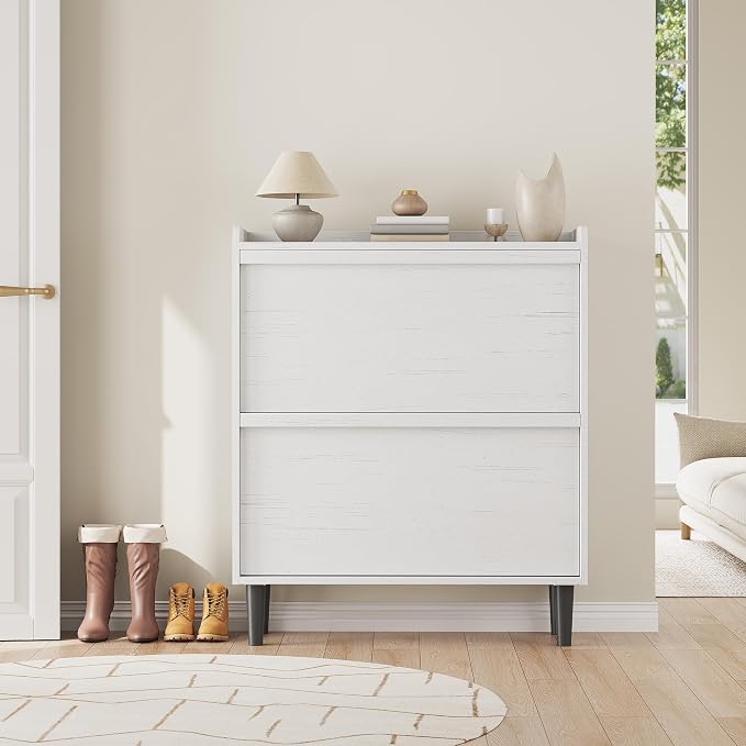 GarveeHome Shoe Cabinet with 2 Flip Drawers, Wooden Shoe Organizer with Adjustable Shelf, Shoe Storage for Entryway, Hidden Shoe Cabinet for Hallway, Living Room, White