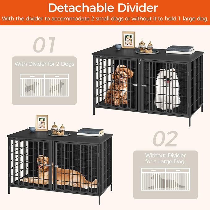 MAHANCRIS Dog Crate Furniture for 2 Dogs, 43.3" Dog Kennel with Removable Divider, Heavy Sturdy Dog Furniture Style Double Cage for Small Medium Dog, Indoor Pet House End Table, Black DCBK1201