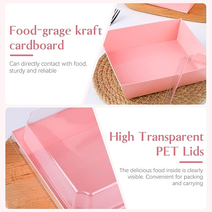 ZORRITA 50 Pack 5 Inch Paper Charcuterie Boxes with Clear Lids, Pink | Small, Square, To Go Food Containers, Bakery Boxes, For Mini Cake, Desserts, Cookies, Sandwiches, Strawberries