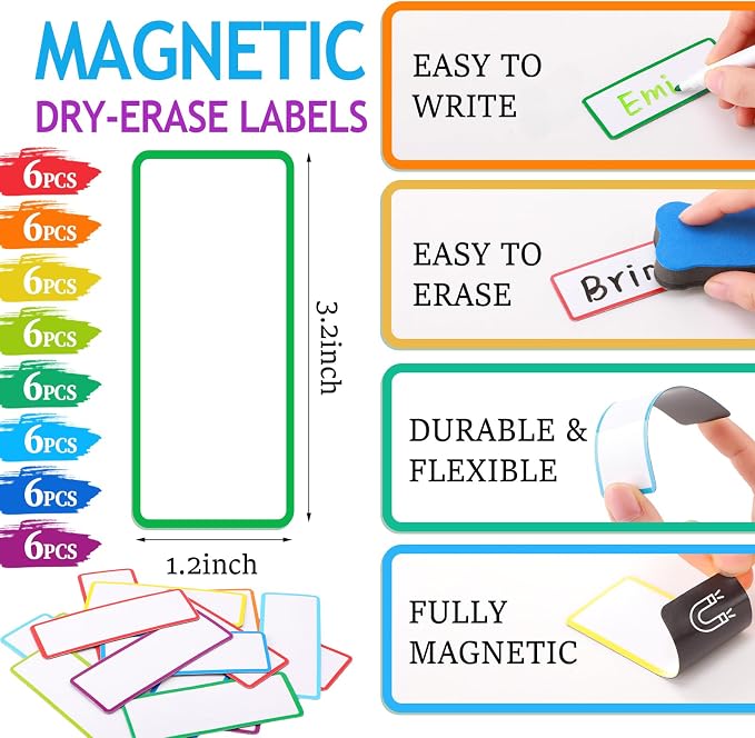 Tellegloww 6 Rolls 1/4" Magnetic Whiteboard Tape Set 33ft Magnetic Tape Roll Thin Strips Borders for Classroom Whiteboard with 48pcs Dry Erase Labels for Classroom School Office Home Students